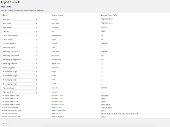 Sample Product Field Mapping