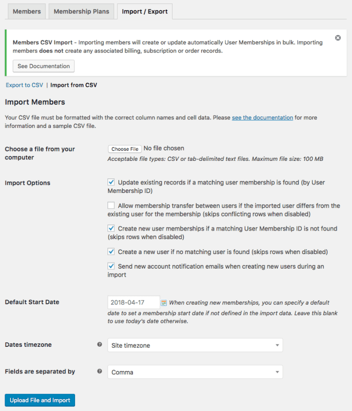 WooCommerce Memberships Import Settings