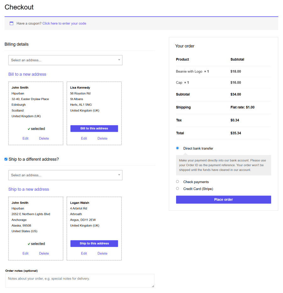 View all saved addresses on checkout