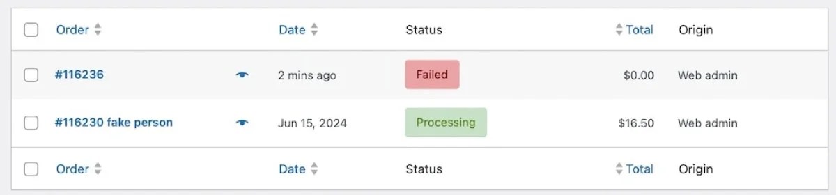 example of a failed order in WooCommerce