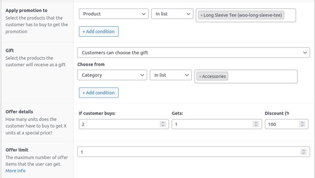 WooCommerce Free Gift settings example 